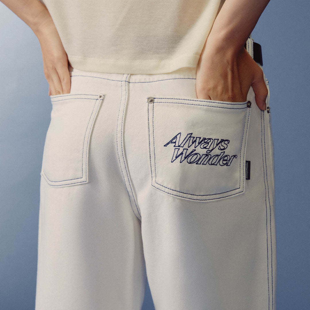 Sculpture Form Denim Pants | White With Indigo Stitching