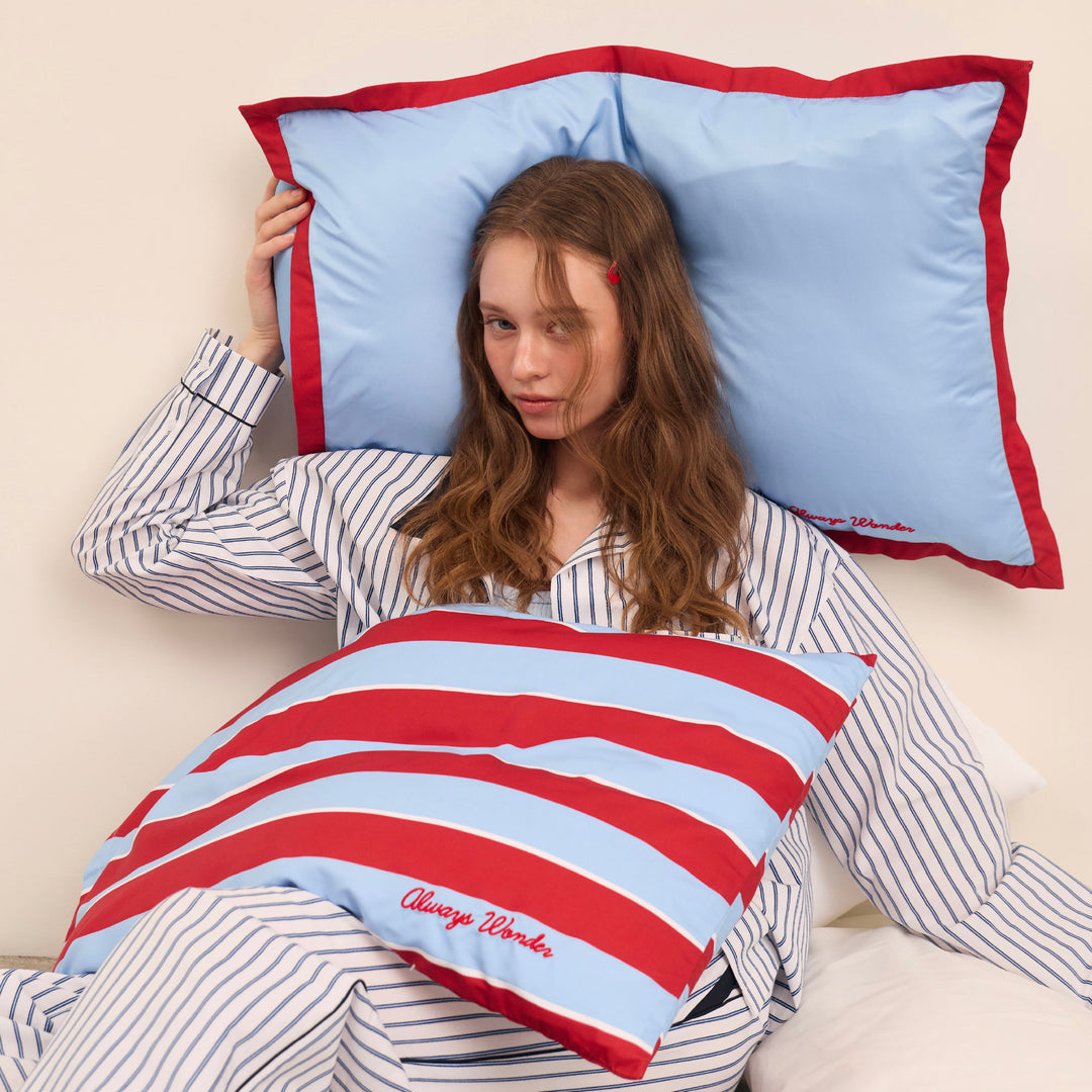 Easy Soft Pillow Case | Sky blue with cherry accent